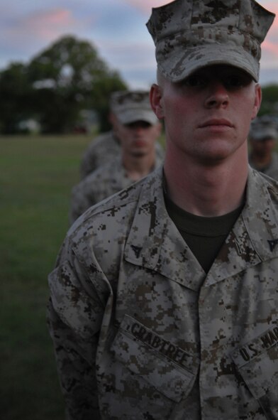 MINERAL WELLS, Texas -- LCpl Joshua Crabtree, Det. 1 MTM, gets briefed on his weekend to come May 8, 2008. Each year the Marine unit located on Dyess, travels to Mineral Wells to complete their annual M-16 qualifications. All Marines must qualify as marksman, sharp shooter, or expert to pass. (U.S Air Force photo by Airman 1st Class Jennifer Romig)