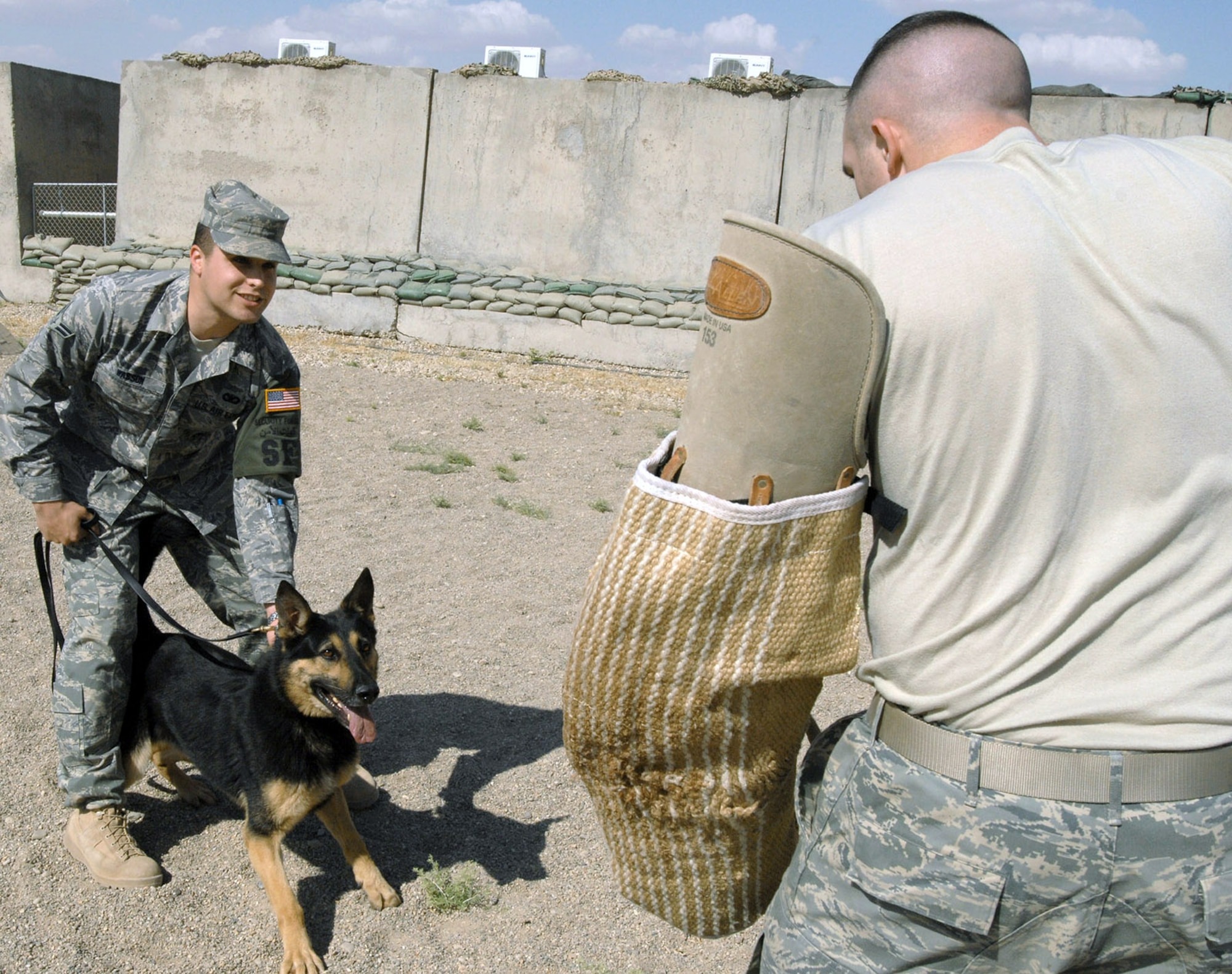 Airman 1st Class Ryan Wasson holds his dog, Charlie, back from Staff Sgt. Kevin Nelson during a recent training event at Kirkuk Air Base, Iraq. The base has two squadrons with military working dogs, the 506th Expeditionary Security Forces Squadron and the 732nd Expeditionary Security Forces Squadron. Both squadrons have separate kennels and missions. Airman Wasson is a 506th Expeditionary Security Forces Squadron military working dog handler and Sergeant Nelson is a 506th ESFS military working dog trainer. (U.S. Air Force photo/Senior Airman Eric Schloeffel)