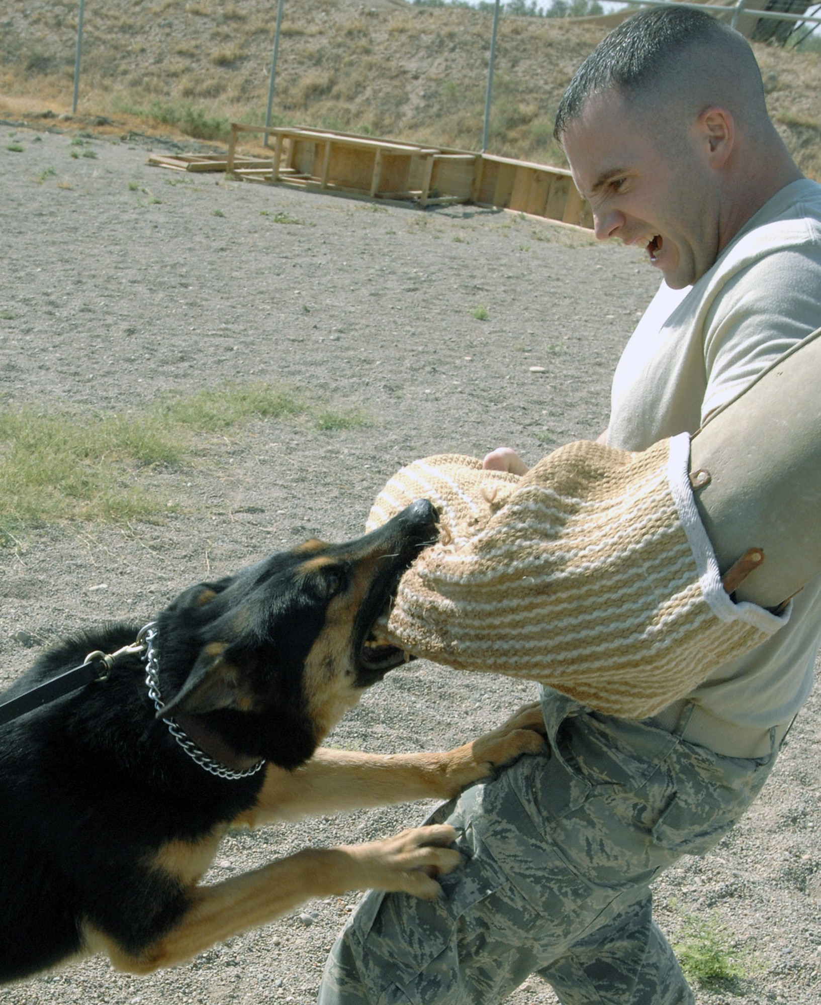 Staff Sgt. Kevin Nelson practices techniques with his dog, Charlie, during a recent training event at Kirkuk Air Base, Iraq. Air Force dog handlers at Kirkuk AB are assigned to either the 506th Expeditionary Security Forces Squadron or 732nd Expeditionary Security Forces Squadron. Both squadrons have separate kennels and missions. Sergeant Nelson is a 506th Expeditionary Security Forces Squadron military working dog trainer. (U.S. Air Force photo/Senior Airman Eric Schloeffel)