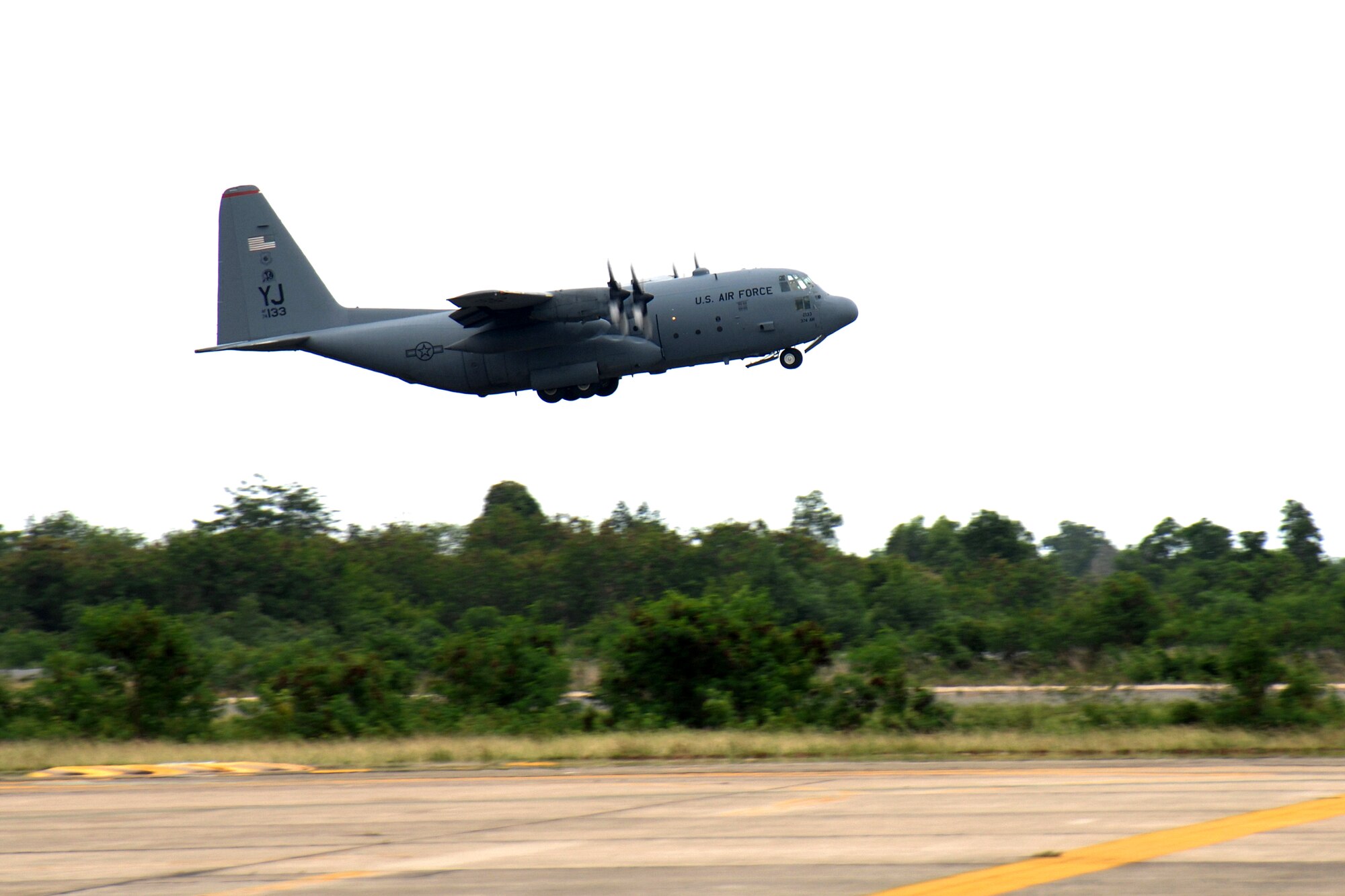 A C-130 Hercules from Yokota Air Base, Japan, departs Utapao Thai Royal Navy Air Base in Thailand en route to Burma to provide humanitarian relief to victims of Cyclone Nargis. (U.S. Air Force photo by Senior Airman Sonya Croston)