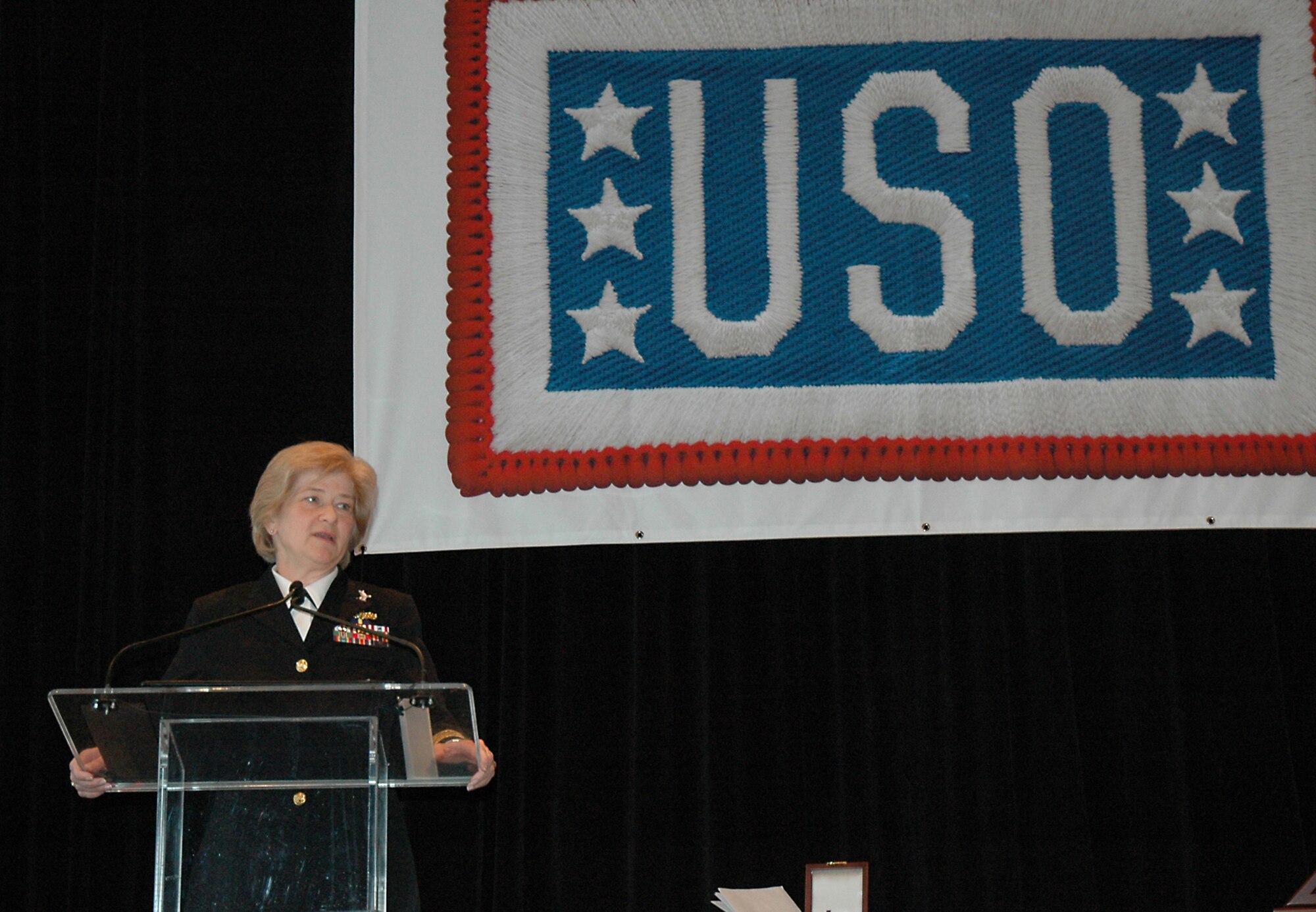 NEW YORK -- Vice Adm. Ann Rondeau, U.S. Transportation Command deputy commander, is honored May 5 at the USO of Metropolitan New York Women of the Year Luncheon. The 42nd annual luncheon recognized women for their accomplishments, both professional and personal. Admiral Rondeau joined fellow honorees Deirdre Imus and Diana Taylor as women who are dedicated to serving others through community or military service. (U.S. Navy photo/Lt. Lesley Lykins)