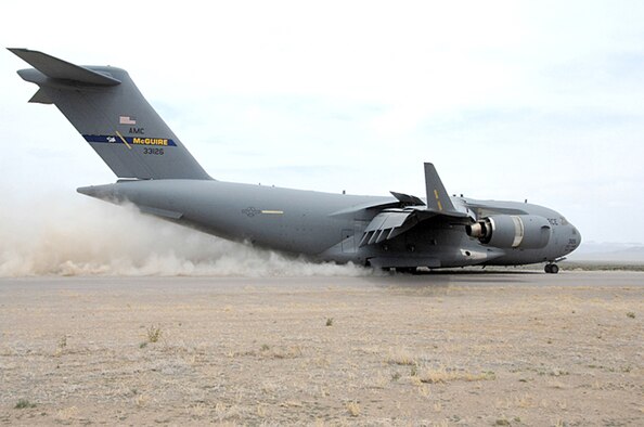 Nearly 40 aircraft from bases around the country participated in the 57th Weapons Squadron's Mobility Air Forces Exercise over the Nevada Test and Training Range May 9. The exercise scenario involved simulated airdrops of cargo and personnel, airland operations, aerial refuelings, and combat support provided by A-10s, F-15Es and F-16s. (U.S. Air Force photo)