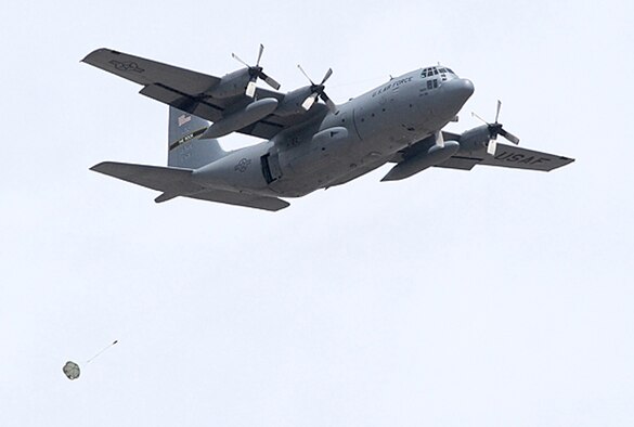 Nearly 40 aircraft from bases around the country participated in the 57th Weapons Squadron's Mobility Air Forces Exercise over the Nevada Test and Training Range May 9. The exercise scenario involved simulated airdrops of cargo and personnel, airland operations, aerial refuelings, and combat support provided by A-10s, F-15Es and F-16s. (U.S. Air Force photo)
