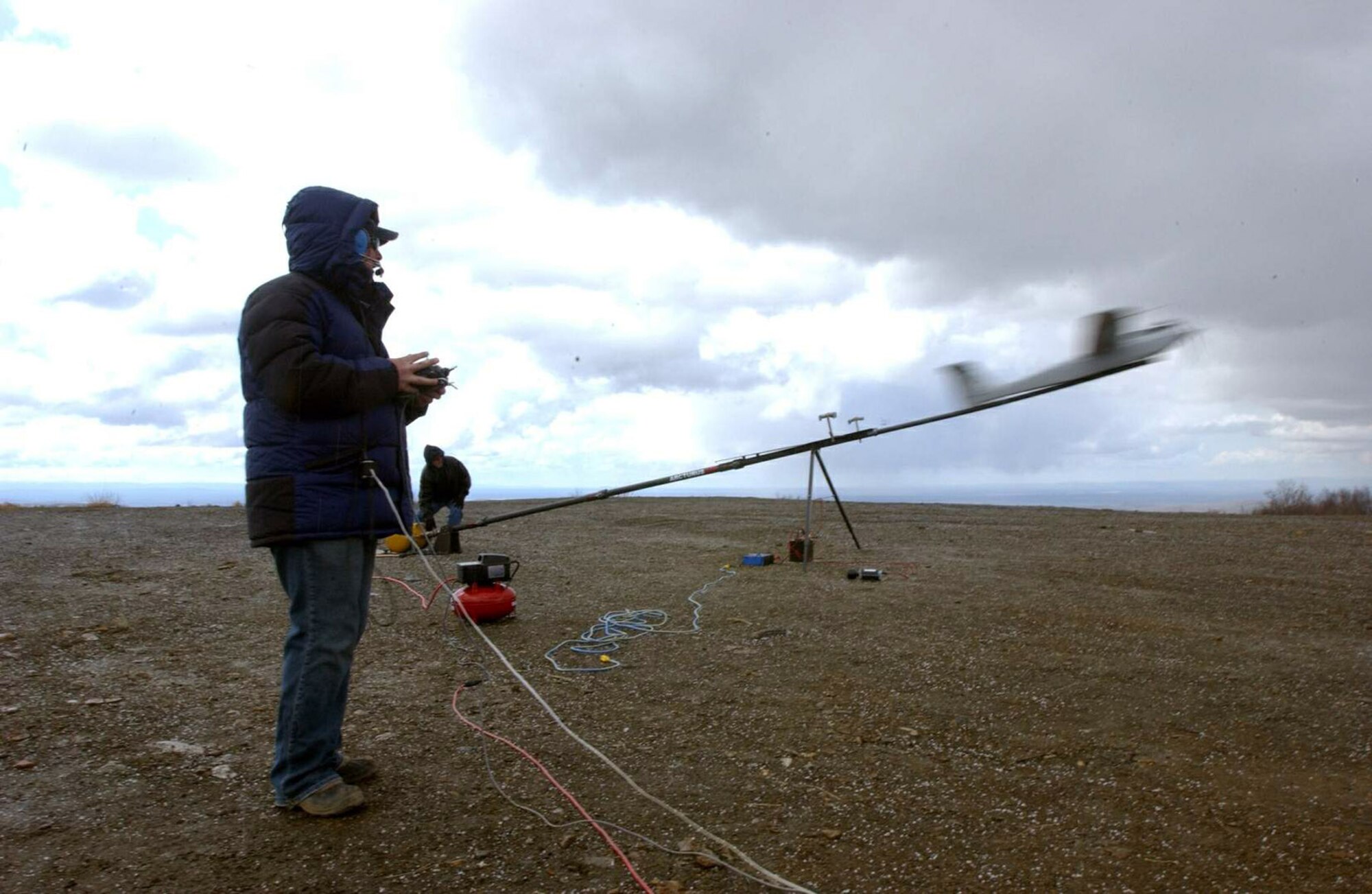 Red Jensen prepares launches the prototype of the Arcturus unmanned aerial vehicle May 7 during Northern Edge 2008, at a test site in the Pacific Alaska Range Complex. The UAV is a brainchild of the Air Force Research Laboratory and is designed for a myriad of aerial reconnaissance, monitoring and communications duties. Mr. Jensen is the chief pilot for the Arcturus UAV. (U.S. Marine photo/Sgt. Rocky Smith) 