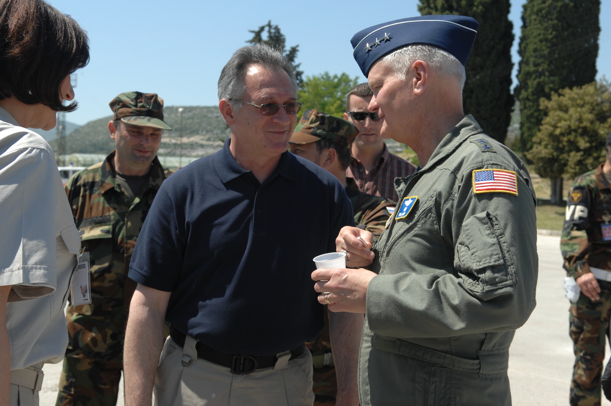 DIVULJE TRAINING BASE, Croatia – Republic of Croatia Minister of Defense Branko Vukelic and U.S. Air Force Lt. Gen. Rod Bishop, 3rd Air Force commander, discuss the mass-casualty exercise May 12 during the 2008 Medical Training Exercise in Central and Eastern Europe (MEDCEUR).  These distinguished visitors toured the mass-casualty exercise May 12 and saw first-hand how the participants applied the knowledge they gained during MEDCEUR training.  Fifteen nations are participating in the exercise from May 2 through 14. The exercise focuses on mass-casualty training scenarios and humanitarian aid in response to crises situations. MEDCEUR is a Joint Chiefs of Staff regional/multilateral exercise sponsored by U.S. European Command. Croatia is hosting the 2008 exercise which has drawn about 400 multi-nationals in support of the Partnership for Peace initiative. (U.S. Air Force photo/Staff Sgt. Kristin Ruleau) 