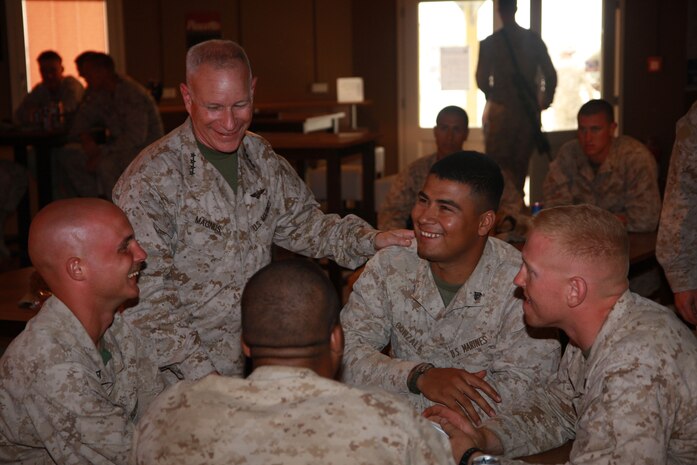 Assistant Commandant of the Marine Corps Gen. Robert Magnus, visits U.S. Marines of 2nd Battalion, 7th Marines, on May 14, aboard Camp Bastion in the Helmand Province of Afghanistan.