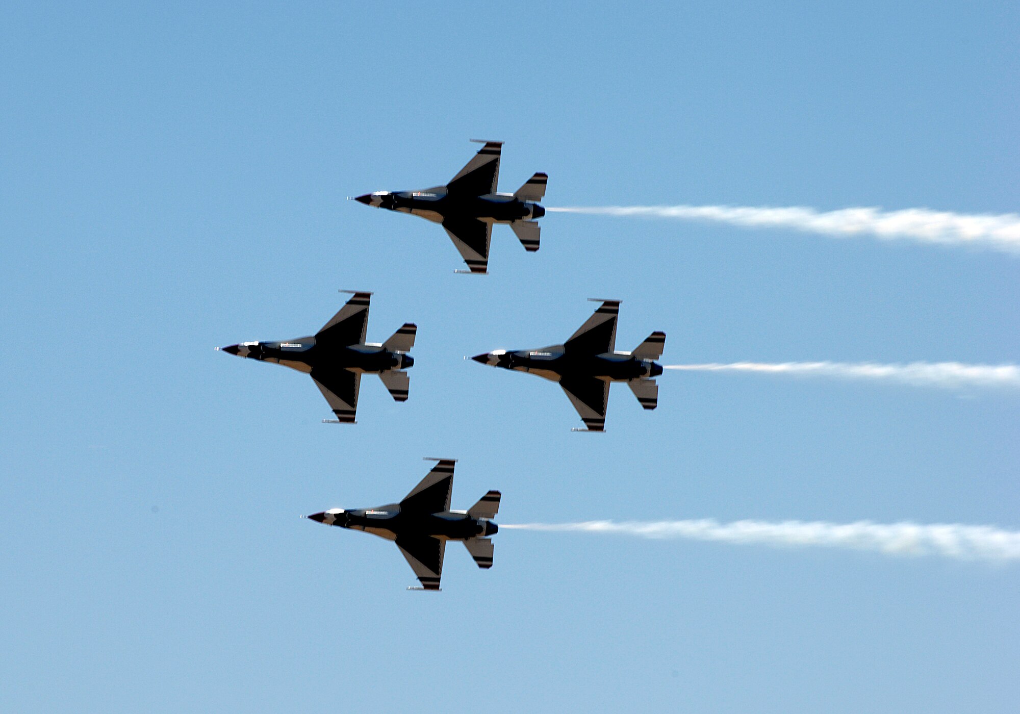 U.S. Air Force Thunderbirds fly in formation at the March ARB AirFest '08.  The AirFest features both military and civilian aerial and ground demostrations during the two day airshow, May 3-4,2008 at March Air Reserve Base, Riverside, California. (U.S. Air Force photo by SrA Dayton Mitchell) 
