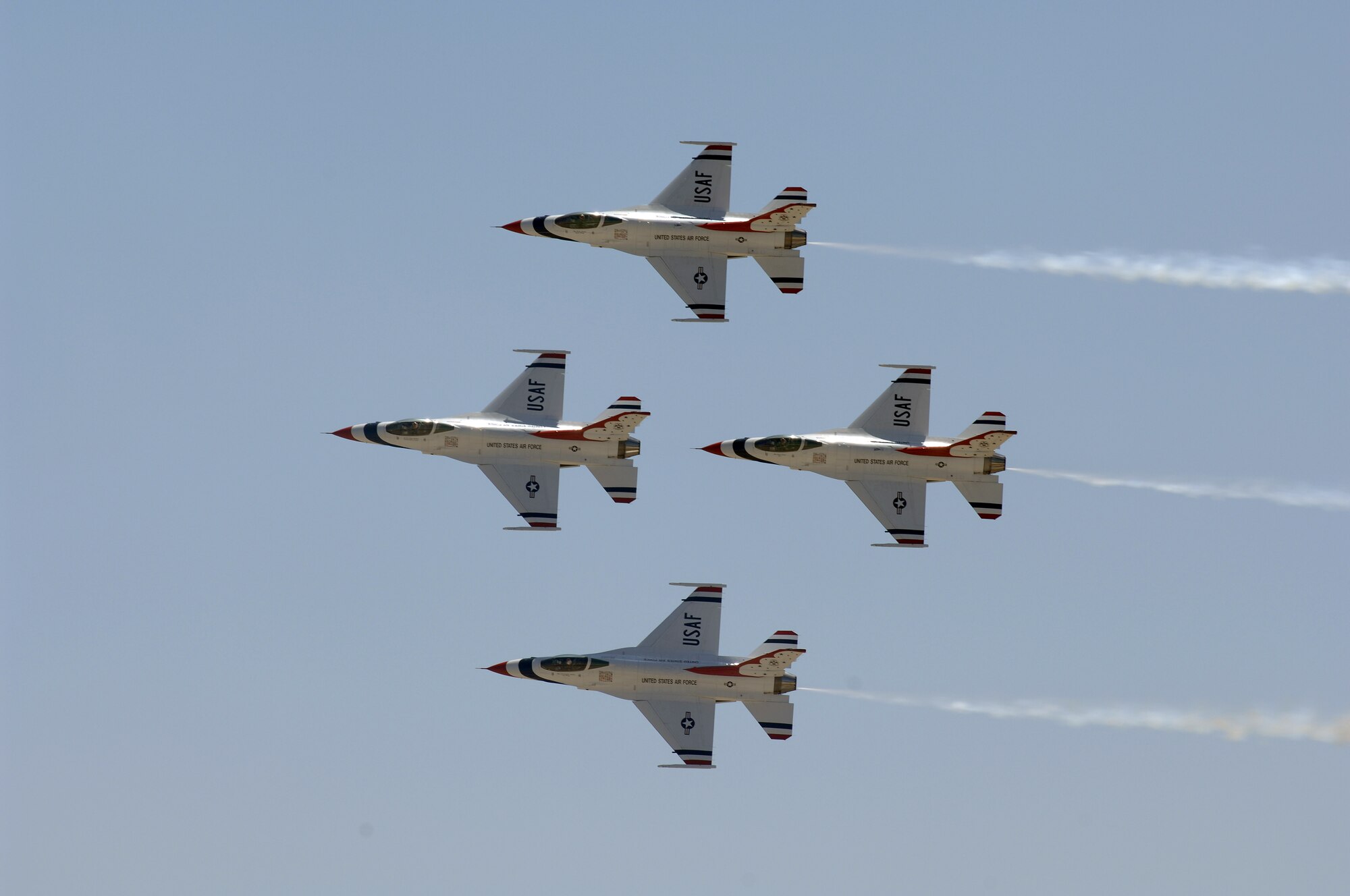 U.S. Air Force Thunderbirds fly in formation at the March ARB AirFest '08.  The AirFest features both military and civilian aerial and ground demostrations during the two day airshow, May 3-4, 2008 at March Air Reserve Base, Riverside, California. (U.S. Air Force photo by SrA Matthew Smith) 
