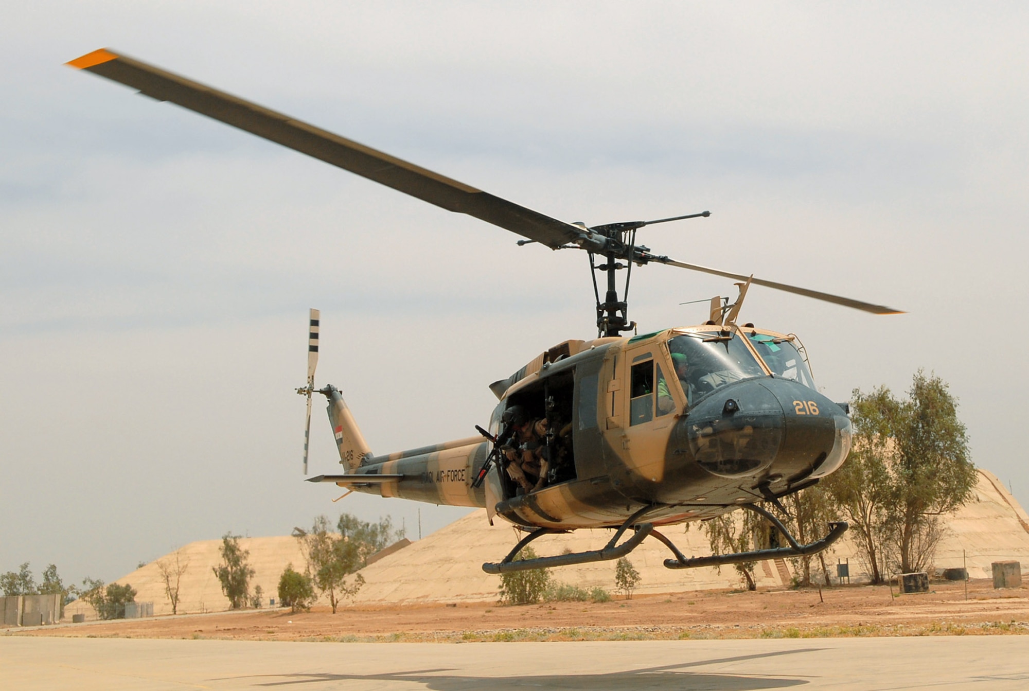An Iraqi air force medical evacuation mission was flown in an Iraqi air force Huey II helicopter May 14 from the Air Force Theater Hospital at Balad Air Base, Iraq, to the U.S. Army's 86th Combat Support Hospital in Baghdad. (U.S. Air Force photo/Senior Airman Julianne Showalter) 
