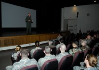 MINOT AIR FORCE BASE, N.D. – “This isn’t war, it’s an inspection,” Col. Joel Westa, 5th Bomb Wing commander, told Airmen from the 5th BW – referring to the upcoming Defense Nuclear Surety Inspection – during a series of all-calls at the base theater here May 15. The commander emphasized the importance of maintaining a calm, professional focus throughout the inspection, which kicks off May 16. “We know what we’re going to be inspected on: our job,” Colonel Westa said. “Do your job; we’ll do great.” (U.S. Air Force photo by Airman 1st Class Wesley Wright)