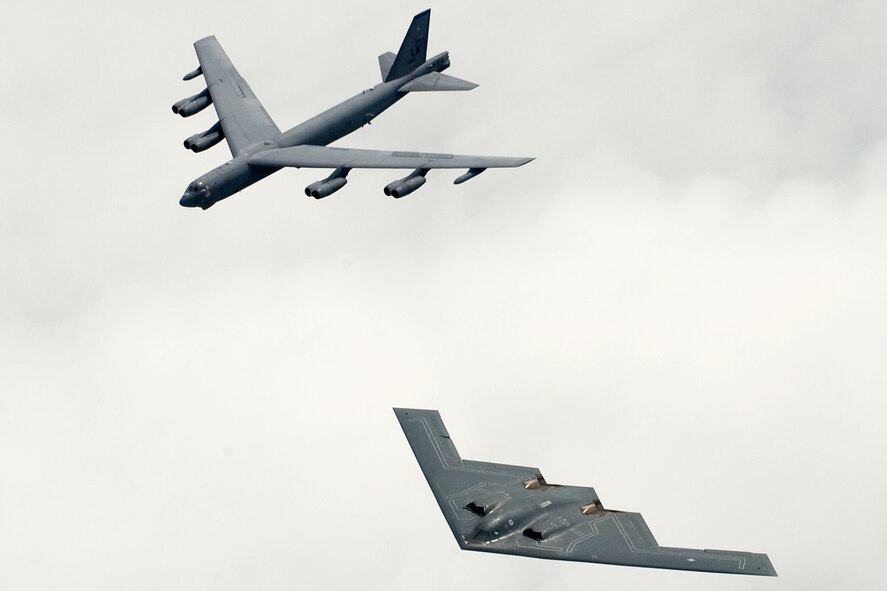 BARKSDALE AFB, La. -- A B-2 and B-52 fly in formation  over Shreveport, La., on May 10 during the Defenders of Liberty Airshow and Open House. This years airshow, which featured a heritage flight with the Air Forces modern day bombers, commemorates the 75th Anniversary of Barksdale AFB. (U.S. Air Force Photo/Staff Sgt Samuel Rogers)