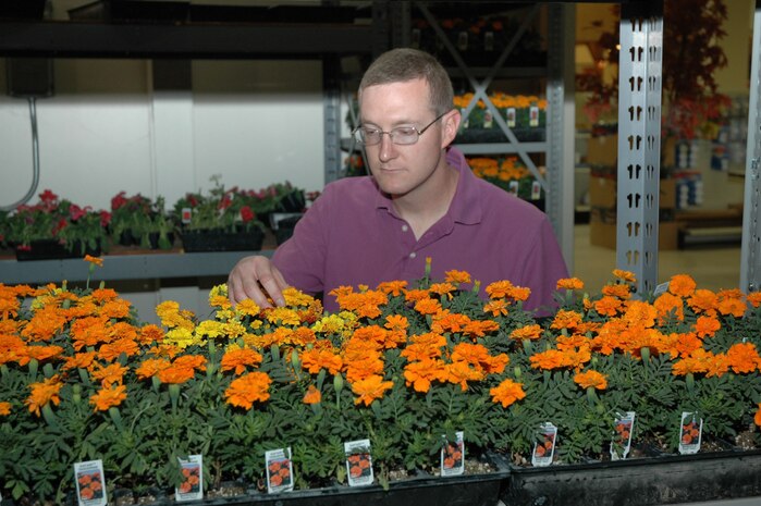 Tech. Sgt. Christopher Koopmans, 341st Space Wing Judge Advocates Office, looks over the selection of flowers available to base housing residents at the Self Help  Store. Flower shipments arrive on Tuesdays by noon each week in May. The store is open 8 a.m. to 4 p.m. Monday through Friday and 9 a.m. to 2 p.m. Saturdays. Flowers will only be available in May. (U.S. Air Force photo/Valerie Mullett)