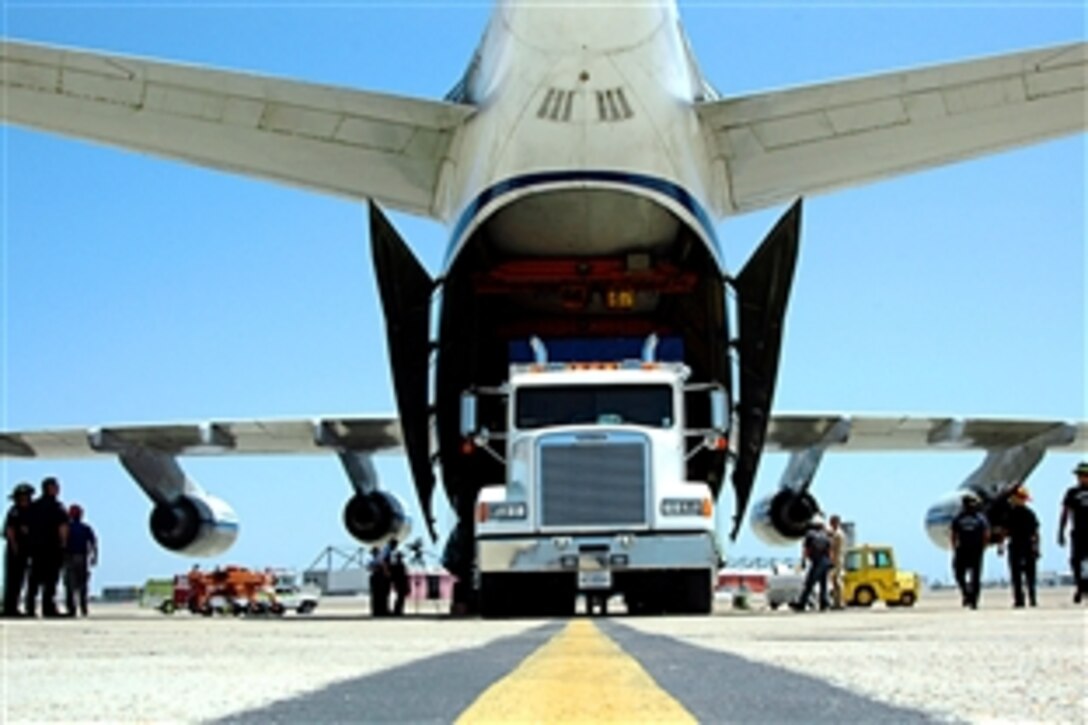 Support personnel for the U.S. Navy load equipment onto a Russian Antonov An-124 Ruslan aircraft in Coronado, Calif., May 13, 2008, before beginning the exercise Bold Monarch 2008. The deep submergence unit on Naval Air Station North Island, Calif., and personnel from several other countries will participate in a live submarine escape and rescue exercise.