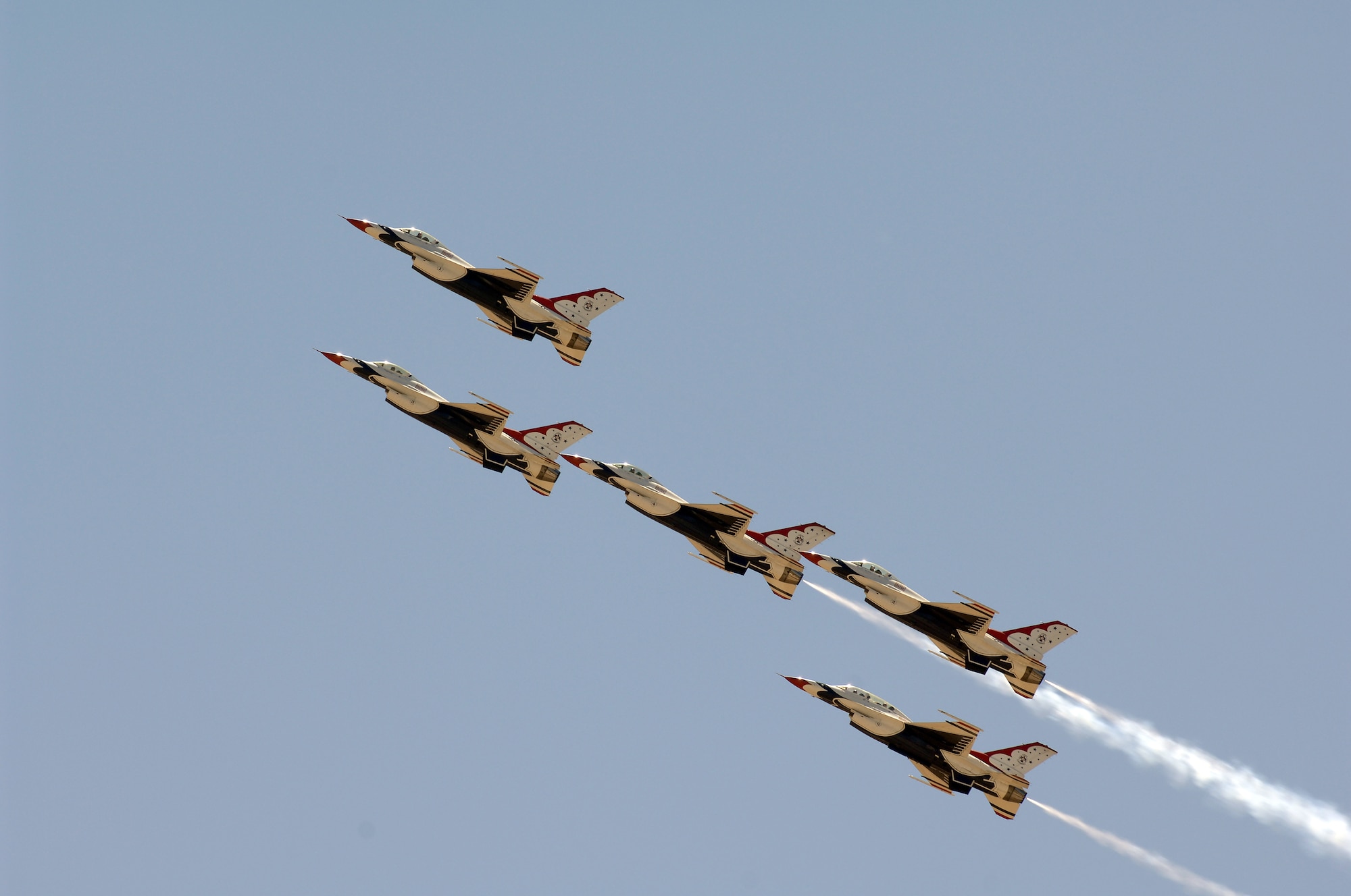 U.S. Air Force Thunderbirds fly in formation at the March ARB AirFest '08.  The air show featured both military and civilian aerial and ground demostrations during the two day air show, May 3-4, 2008 at March Air Reserve Base, Riverside, California. (U.S. Air Force photo by SrA Matthew Smith)