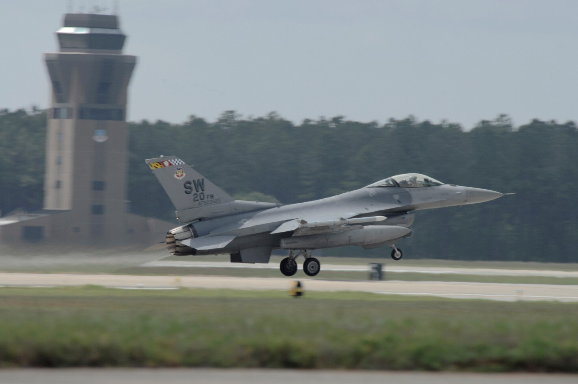 Lt. Col. Miles Demayo takes off in his F-16 Fighting Falcon from Shaw Air Force Base, S.C., May 9 en route to Hill AFB, Utah. Sixteen jets and 172 Airmen from Shaw AFB went to Hill AFB for Combat Hammer, an exercise that assesses operational effectiveness and suitability of weapons and weapons systems in several different tactical scenarios.  Colonel Demayo is the 55th Fighter Squadron commander.  (U.S. Air Force photo/Staff Sgt. Nathan Bevier)