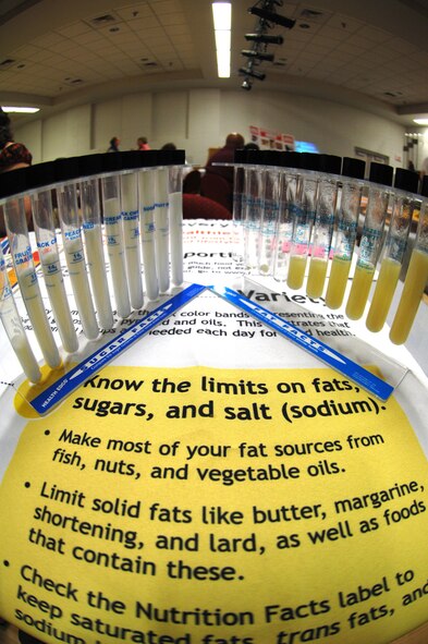 Various sugar and fat samples are shown at the deployment expo booth provided by WIC (Women Infants and Children). The Deployment Expo is a briefing to provide information to both single and married military members and families about pre-deployment, deployment, and post deployment support. The Deployment Expo was held at the Community Activity Center, May 13, Holloman Air Force Base, N.M.  
(U.S. Air Force photo/Senior Airman Anthony Nelson Jr)
