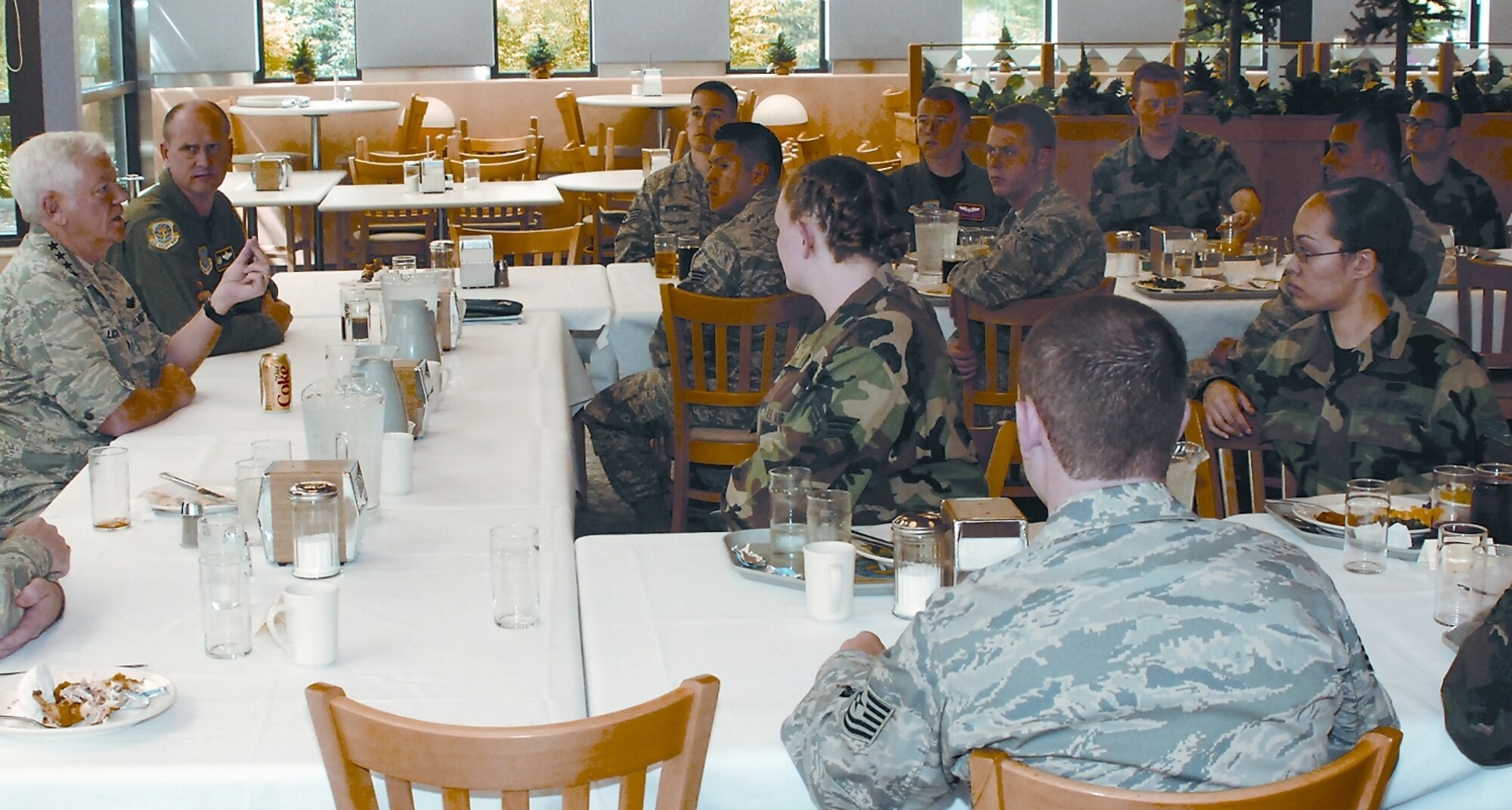 Gen. Arthur Lichte speaks with Airmen Thursday after lunch at the Olympic Dining Facility. (U.S. Air Force photo/Randy White)