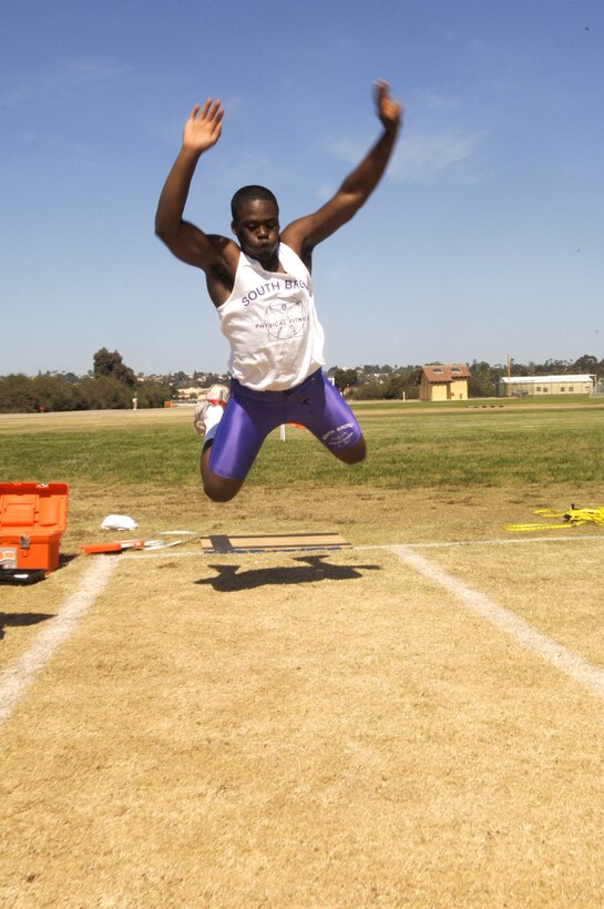 Andre Simpson, 16, South Bronx High School, Bronx, N.Y., leaps 8-feet, 9-inches at the long-jump station during the 2008 Youth Physical Fitness Competition here, May 17.