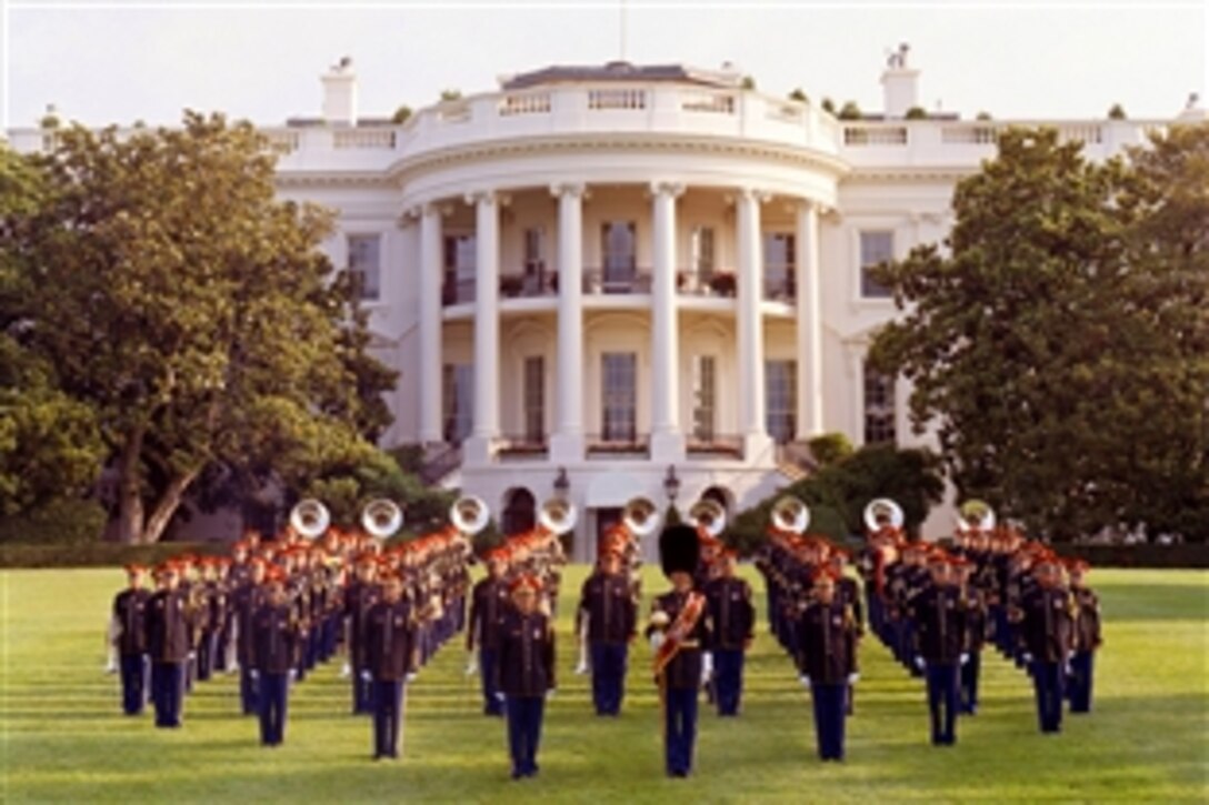 The U.S. Army Ceremonial Band stands in formation outside of the White House, May 15, 2008. The mission of the Army band is to sustain the “warrior spirit,” support recruiting, and tell the Army story to the American public. 