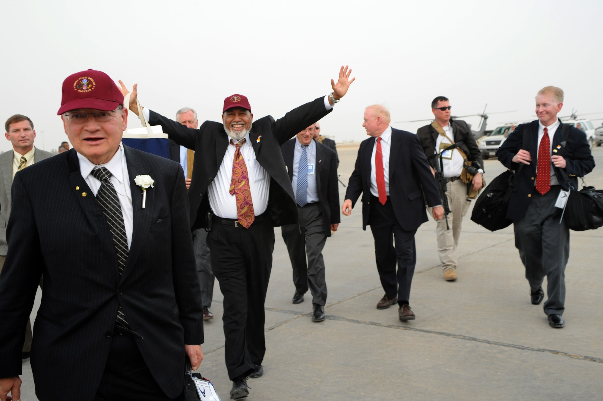 SATHER AIR BASE, Iraq -- Rep. Alcee Hastings (center) shows his enthusiam as he arrives here May 17 to meet with deployed Airmen and Soldiers. (U.S. Air Force photo/Tech. Sgt. Amanda Callahan)