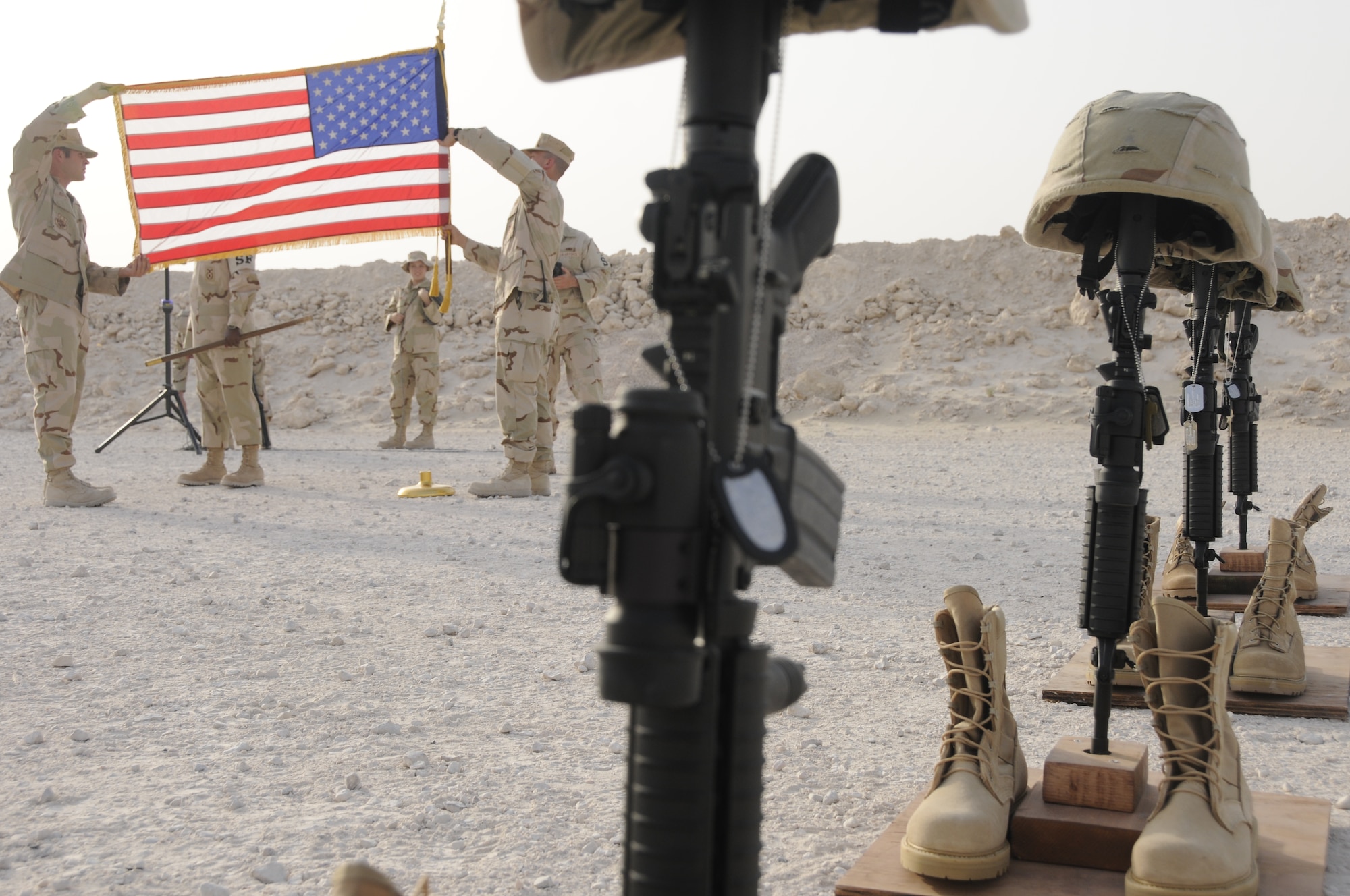 The 379th Expeditionary Security Forces Squadron held a "Final Guardmount" ceremony May 15 to honor those who have fallen in combat from both security forces and the office of special investigations. (U.S. Air Force photo/ Senior Airman Domonique Simmons)
