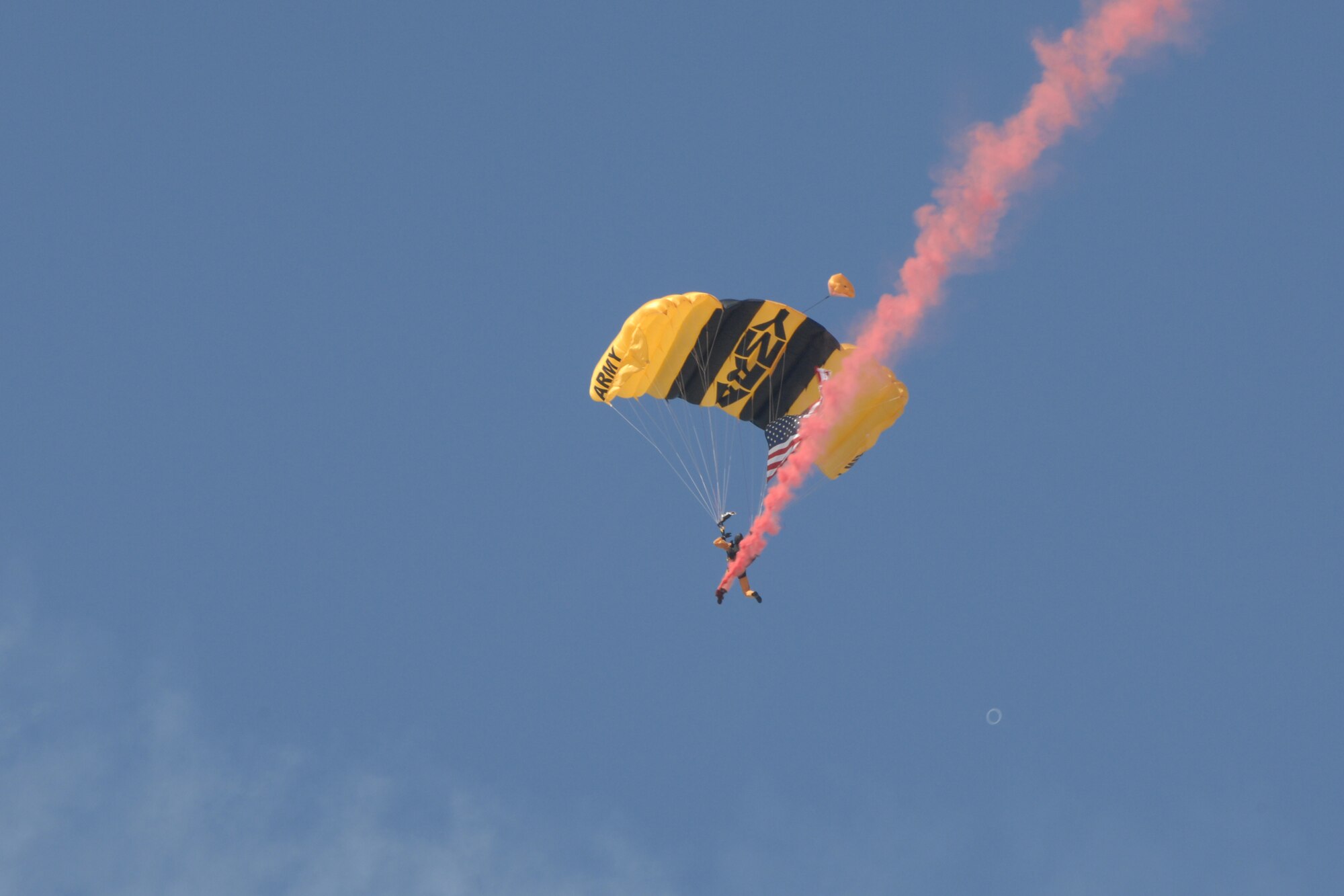 A member of the Golden Knights parachutes down to his target during the March ARB AirFest '08. The AirFest featured both military and civilian aerial and ground demonstrations during the two day air show, May 3-4, 2008 at March Air Reserve Base, Riverside, California. (U.S. Air Force photo by SrA Dayton Mitchell)