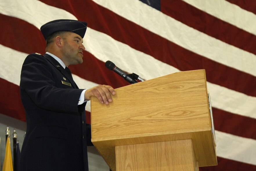 MINOT AIR FORCE BASE, N.D. -- Col. Christopher B. Ayres, 91st Space Wing commander, addresses Airmen during a change-of-command ceremony here May 13. (U.S. Air Force photo by Senior Airman Joe Rivera)