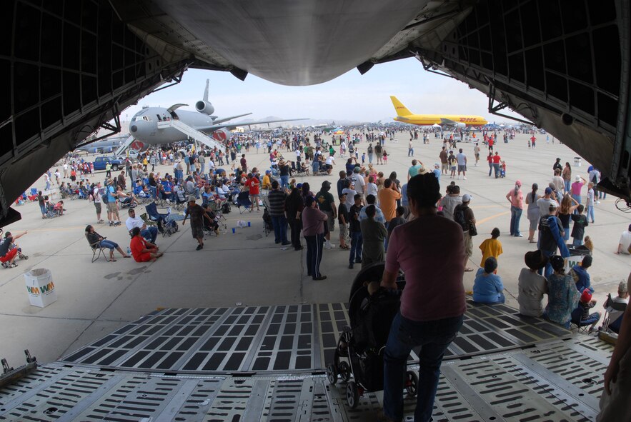 A view of the crowd from inside a C-5 Galaxy cargo aircraft, from the 433rd Airlft Wing, Lackland Air Force Base, Texas, while they enjoy aircraft static displays and  aerial demonstrations during AirFest '08 at March Air Reserve Base, Calif., May 4, 2008. The May 3-4 air show, called "Thunder Over the Empire," attracted about 400,000 visitors to the base. It coincides with the 90th anniversary of March as a military base and the 60th anniversary of the Air Force Reserve.(U.S. Air Force photo by Val  Gempis)