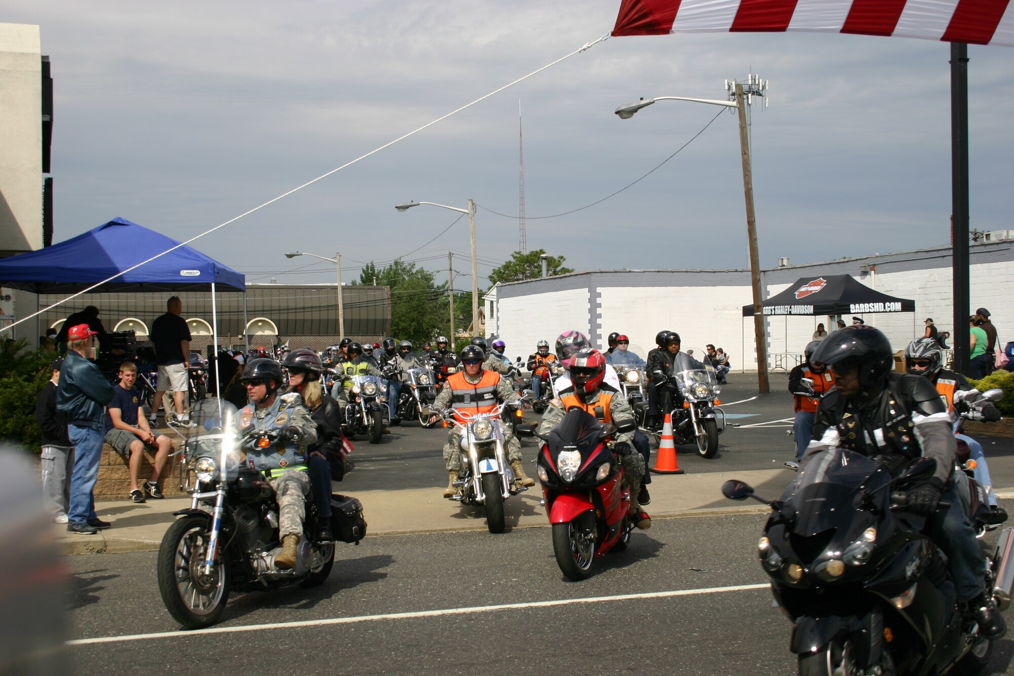 Over 950 motorcycle riders take-off during the second annual Armed Force's Freedom Ride on May 18. The ride took them from Collingswood, NJ through historic downtown Mt. Holly, NJ and onto McGuire Air Force Base where the riders had the opportunity to ride down one of the aircraft runways. The ride concluded on Fort Dix Army Post where participants were treated to a complimentary lunch and enjoyed a variety of activities including live music and motorcycle vendors. The Freedom Ride was organized to support the men and women of the armed forces and those who have give the ultimate sacrifice. (U.S. Air Force Photo/Master Sgt. Dwayne Gordon)