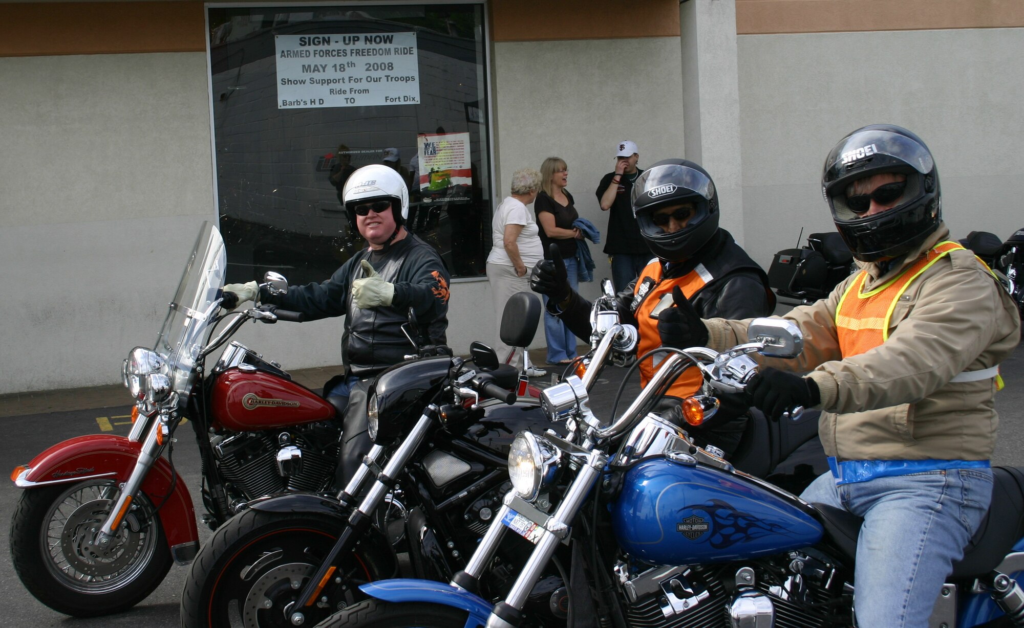Colonel James Kerr, 514th Air Mobility Wing commander (left),  Col. Balan Ayyar, 305th AMW and installation commander(center),  and Maj. Gen. Kip Self, USAF Expeditionary Center commander (right), give a thumbs-up as they prepare to lead the pack during the second annual Armed Force’s Freedom Ride on May 18. The commanders led over 950 motorcycle riders during a ride which took them from Collingswood, NJ through historic downtown Mt. Holly, NJ and onto McGuire Air Force Base where the riders had the opportunity to ride down one of the aircraft runways. The ride concluded on Fort Dix Army Post where riders were treated to a complimentary lunch and enjoyed a variety of activites including live music and motorcycle vendors. The Freedom Ride was organized to support the men and women of the armed forces and those who have give the ultimate sacrifice. (U.S. Air Force Photo/Master Sgt. Dwayne Gordon)