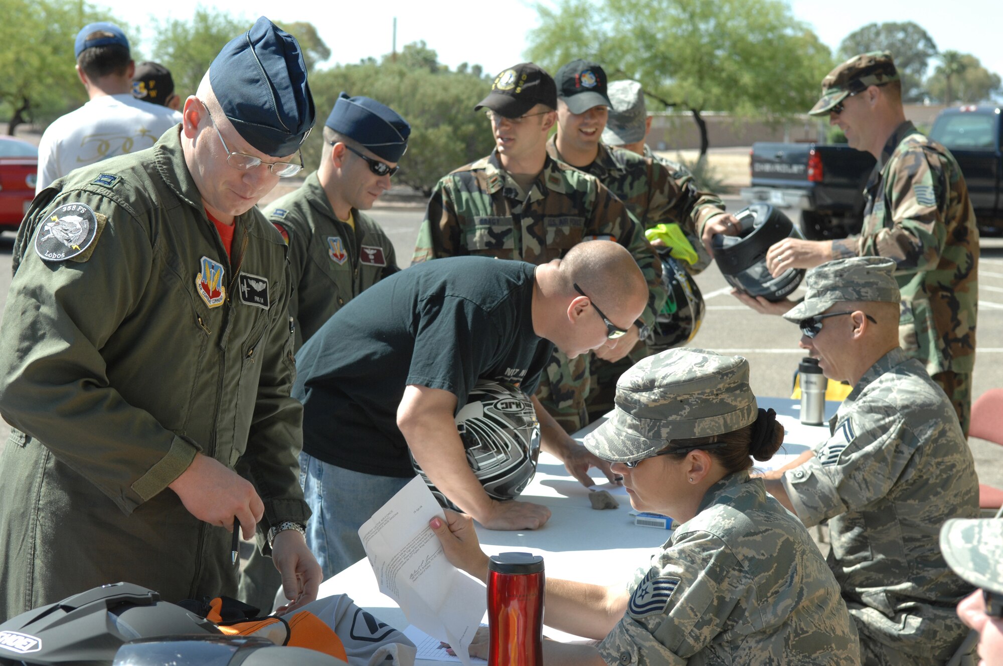 Airmen from the 355th Fighter Wing have Motorcycle Safety Foundation rider coaches inspect their Personal Protective Equipment during Safety Day here, May 16. Safety Day was implemented Air Force wide to bolster safety emphasis and prevent Air Force deaths. (U.S. Air Force photo/Airman 1st Class Noah R. Johnson)