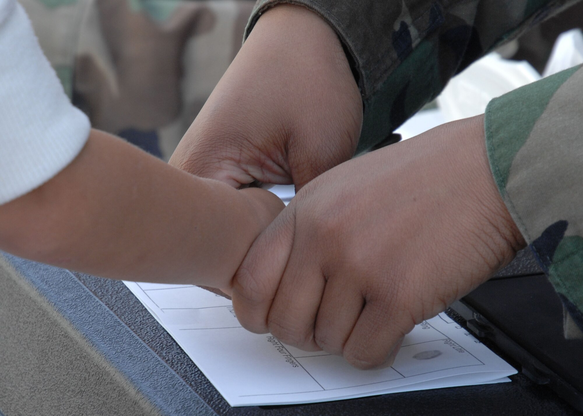 CANNON AIR FORCE BASE, N.M. - A child is fingerprinted at the security forces display at the Base Exchange May 13. The event was part of National Police Week, the week of May 15. (U.S. Air Force photo/Airman 1st Class Evelyn Chavez)