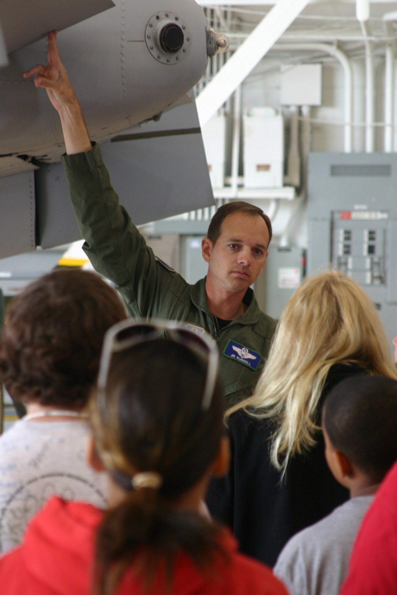 Lt. Col. John S. Russell, 47th Fighter Squadron, director of operations, informs students from Haughton Middle School's Aero Science Space Class about the combat capabilities of the A-10 Thunderbolt during a tour of the 917th Wing, Friday, May 16, 2008. The students also visited the engine and armament shops, Red River Dinning facility, a B-52 Stratofortress and wrapped up their tour at the 8th Air Force Museum. (U.S. Air Force photo/Tech. Sgt. Jeff Walston)