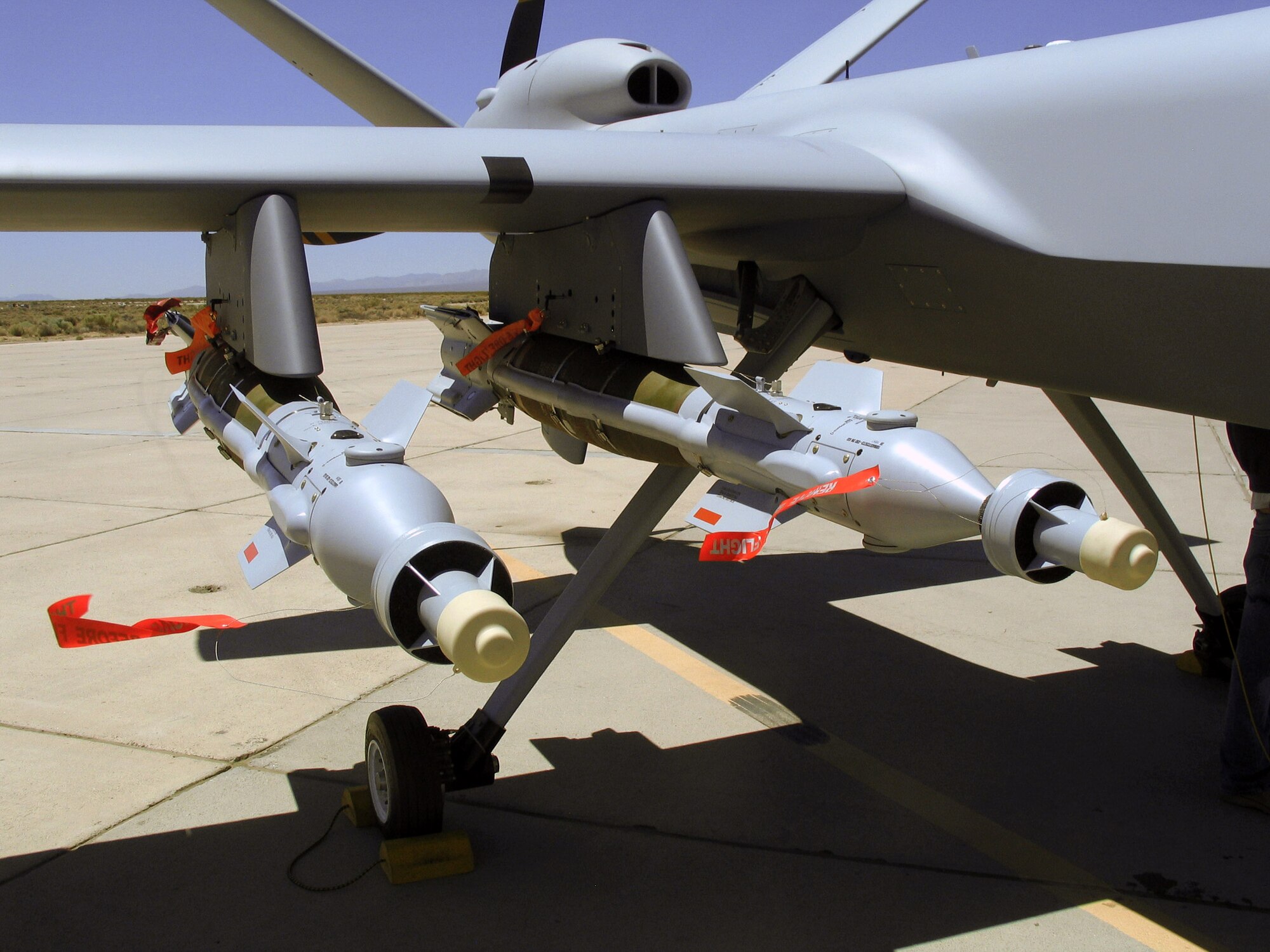 The first live release of a Global Positioning System guided bomb unit-49 weapon from an MQ-9 Reaper took place May 13 at the Naval Air Warfare Center's Weapons Division at China Lake, Calif. (U.S. Air Force photo) 
