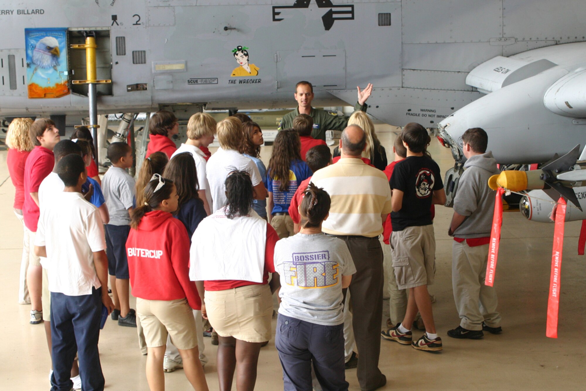 Lt. Col. John S. Russell, 47th Fighter Squadron, director of operations, informs students from Haughton Middle School's Aero Science Space Class about the combat capabilities of the A-10 Thunderbolt during a tour of the 917th Wing, Friday, May 16, 2008. The students also visited the engine and armament shops, Red River Dinning facility, a B-52 Stratofortress and wrapped up their tour at the 8th Air Force Museum. (U.S. Air Force photo/Tech. Sgt. Jeff Walston)