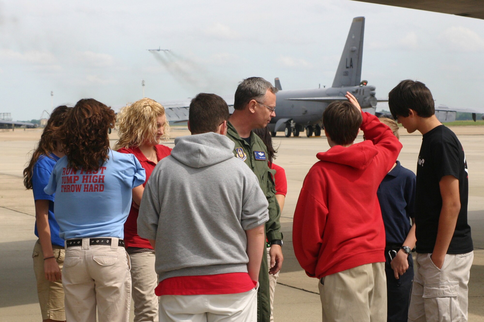 Lt. Col. Joseph C. Jones, 47th Fighter Squadron, director of operations, fields one question as another student from Haughton Middle School's Aero Science Space Class raisies hand to ask about the B-52 Stratofortress' combat capabilities during a tour of the 917th Wing, Friday, May 16, 2008. The students also visited the engine and armament shops, Red River Dinning facility, an A-10 Thunderbolt and wrapped up their tour at the 8th Air Force Museum. (U.S. Air Force photo/Tech. Sgt. Jeff Walston)