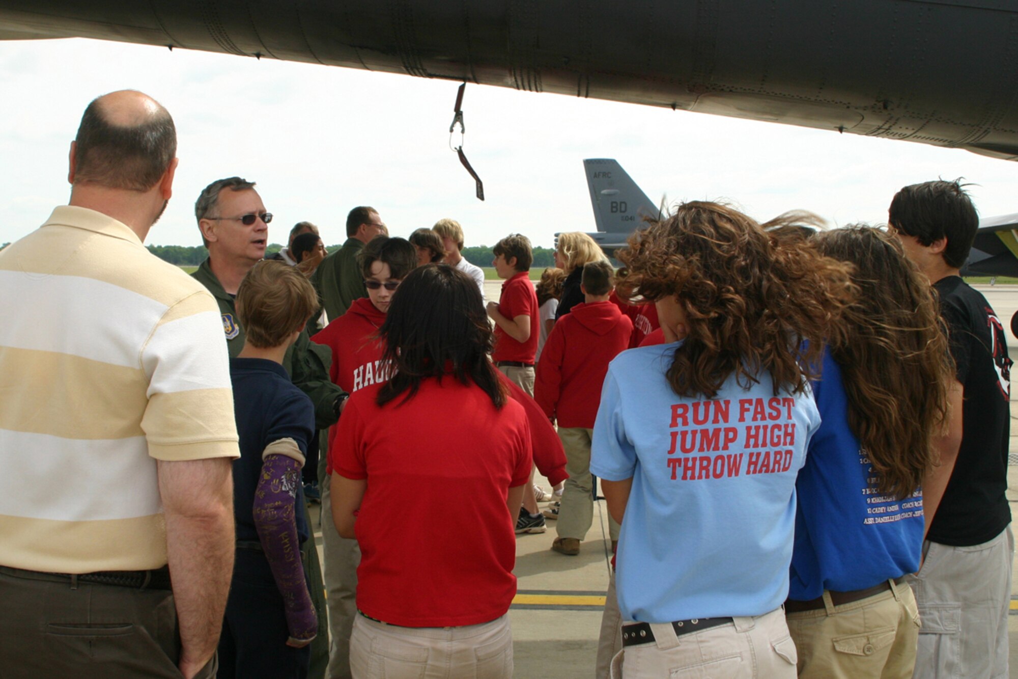 Lt. Col. Joseph C. Jones, 47th Fighter Squadron, director of operations, informs students from Haughton Middle School's Aero Science Space Class about the combat capabilities of the B-52 Stratofortress during a tour of the 917th Wing, Friday, May 16, 2008. The students also visited the engine and armament shops, Red River Dinning facility, an A-10 Thunderbolt and wrapped up their tour at the 8th Air Force Museum. (U.S. Air Force photo/Tech. Sgt. Jeff Walston)
