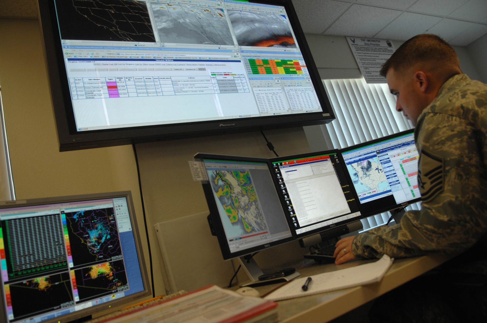 Master Sgt. Paul Walker, noncommissioned officer-in-charge of the southwest region operations flight of the 25th Operational Weather Squadron, assesses high wind potential across California and Nevada here April 22.  As NCOIC, Sergeant Walker is in charge of a 30 person flight responsible for 36 Department of Defense locations across three states in the southwestern Untied States.  (U.S. Air Force photo by Senior Airman Alesia Goosic)  