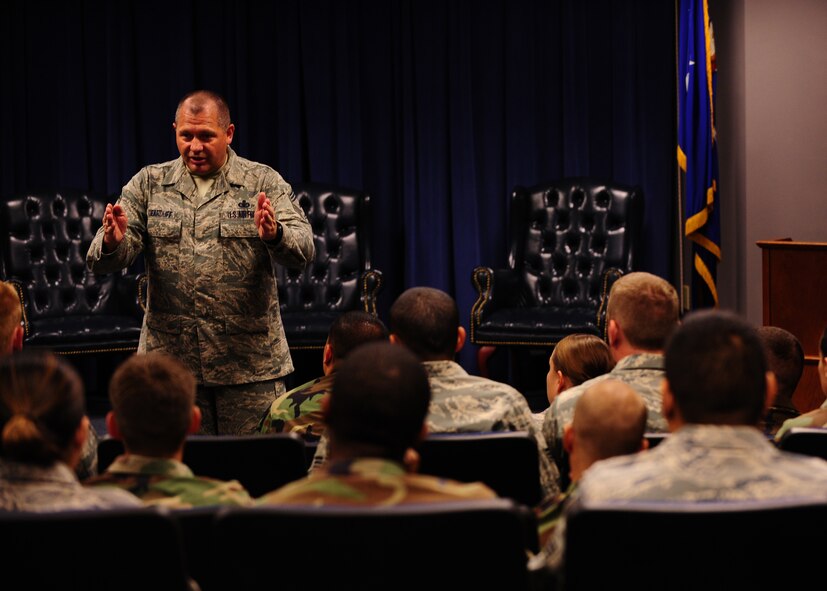 MOODY AIR FORCE BASE, Ga. -- Chief Master Sgt. Scott H. Dearduff, 9th Air Force and U.S. Air Forces Central command chief master sergeant, speaks to the Airman Leadership School Class here May 13. Chief Dearduff toured the Jason D. Cunningham Airman Leadership School and spoke with the students about why their role in the Air Force matters.  The chief also visited with several groups of Moody Airmen and got a first hand view of the base's varied missions.  (U.S. Air Force photo by Senior Airman Elizabeth Rissmiller)