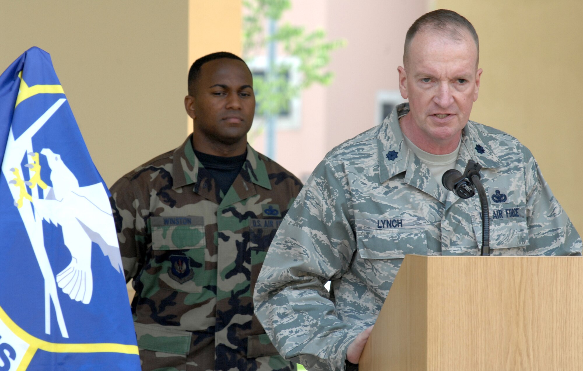 AVIANO AIR BASE, Italy -- Lt. Col. David Lynch, 31st Security Forces Squadron commander, speaks at the new security forces squadron building dedication May 15.  The building is dedicated to Airman Second Class Jerry Moon, an Airman that gave the ultimate sacrifice in defense of the forces. (U.S. Air Force photo/Airman 1st Class Tabitha M. Mans)  