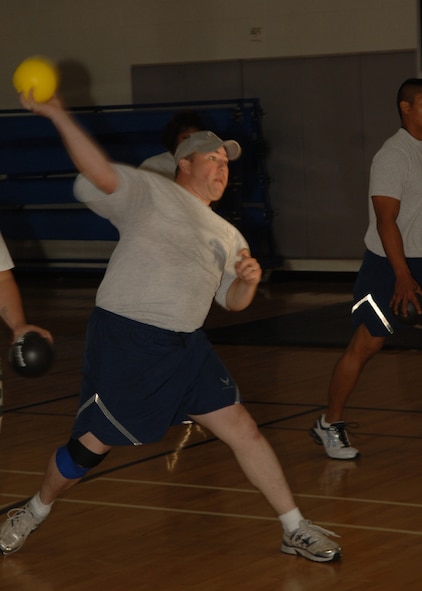 DYESS AIR FORCE BASE, Texas -- A Dyess Airman throws a dodgeball during the annual Sports Day, May 16. Airman competed in several sports including basketball, a triatholon, and a home run derby. (U.S. Air Force Photo by Airman 1st Class Micheal Breaux) 