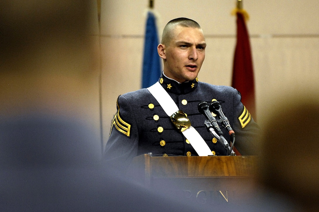 Class valedictorian Jesse Burnette, a history major from Marion, N.C., addresses the audience and his fellow graduates during the Virginia Military Institute graduation ceremony in Lexington, Va., May 16, 2008.  Burnette was commissioned as a second lieutenant in the U.S. Army and assigned to the infantry. 
