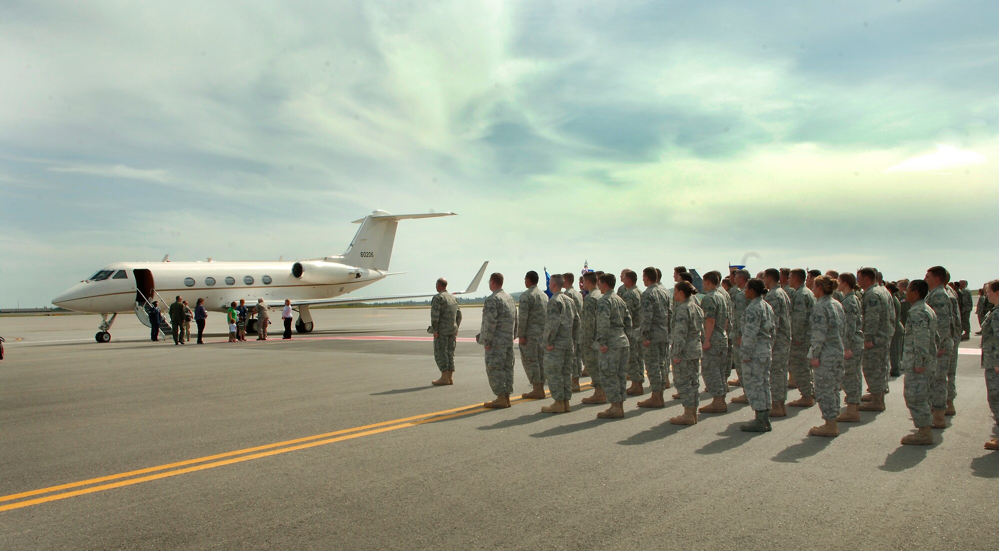 FAIRCHILD AIR FORCE BASE, Wash. – Members from the 92nd Mission Support Group, 92nd Operations Group, 92nd Maintenance Group and the 92nd Medical Group line up in formation to honor Gen. Arthur Lichte, Air Mobility Command commander, as he prepares to leave Fairchild May 19. General Lichte was the Grand Marshal in the 2008 Lilac Festival Torchlight Parade, which honors the service of military members in the greater Spokane area. (U.S. Air Force photo / Airman 1st Class Joshua Chapman) 
