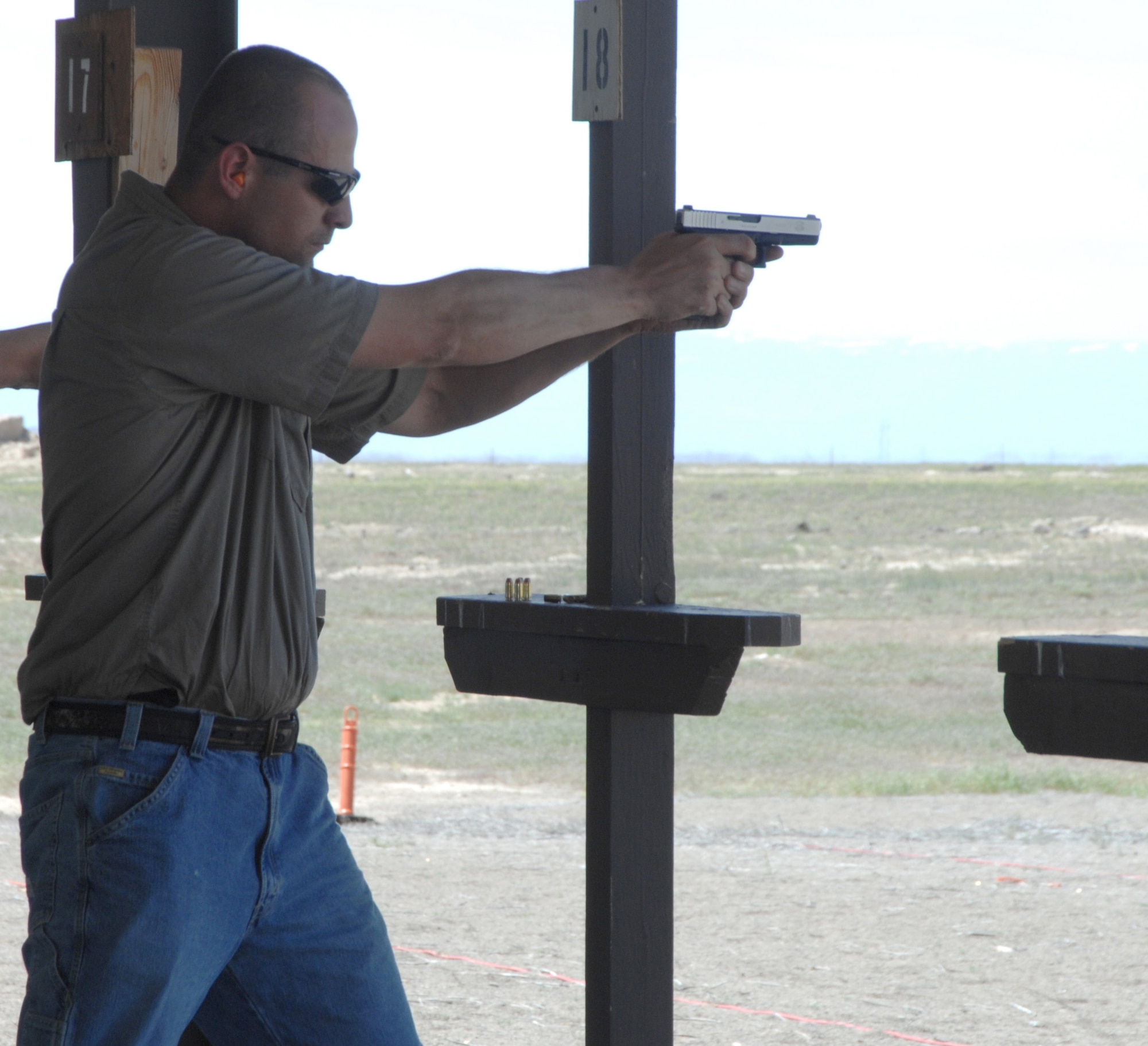 MOUNTAIN HOME AIR FORCE BASE, Idaho - Tech. Sgt. Virgil Scheckel, 366th Security Forces Squadron, takes aim at a silhouette during the marksmanship competition held May 16 for National Police Week. The week was to honor personnel in law enforcement and pay tribute to those who gave their lives while serving their community. (U.S. Air Force photo/ Senior Airman Megan P. Lyon)