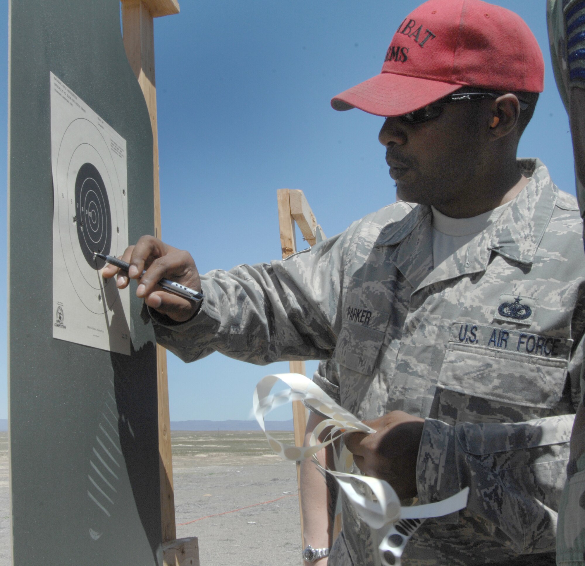 MOUNTAIN HOME AIR FORCE BASE, Idaho - Staff Sgt. James Parker, 366th Security Forces Squadron, marks a silhouette during the marksmanship competition held May 16 for National Police Week. The week was to honor personnel in law enforcement and pay tribute to those who gave their lives while serving their community. (U.S. Air Force photo/ Senior Airman Megan P. Lyon)
