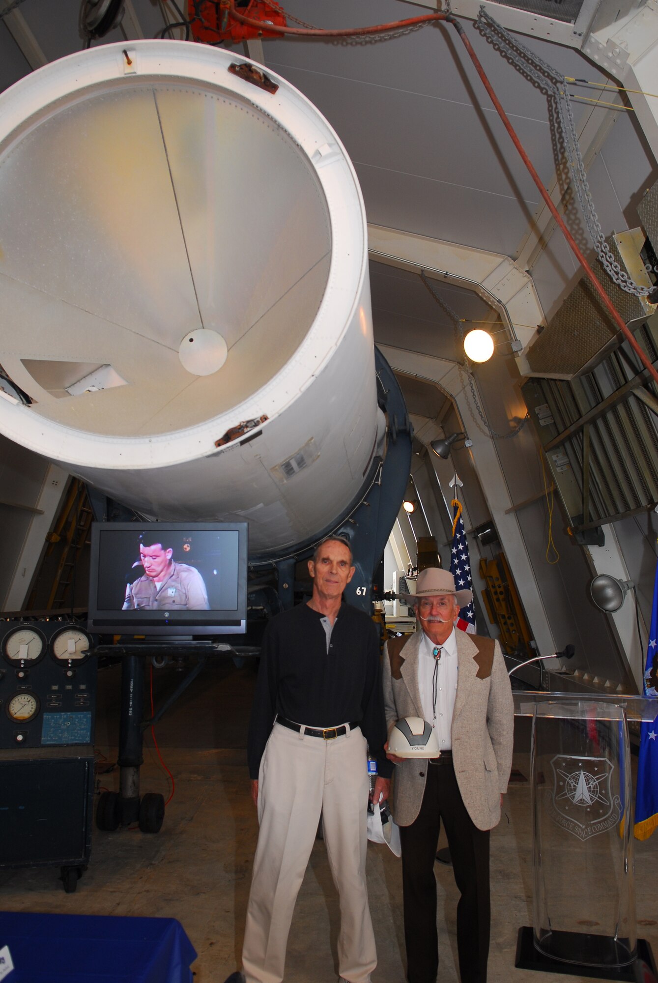 Two of Vandenbergs early launch operators visited Vandenberg to celbrate its 50th anniversary. Mx Myer and Dave Young were part of the early stages of Vandenbergs launch operations. There dedication to the mission laid the foundation of todays space power. 