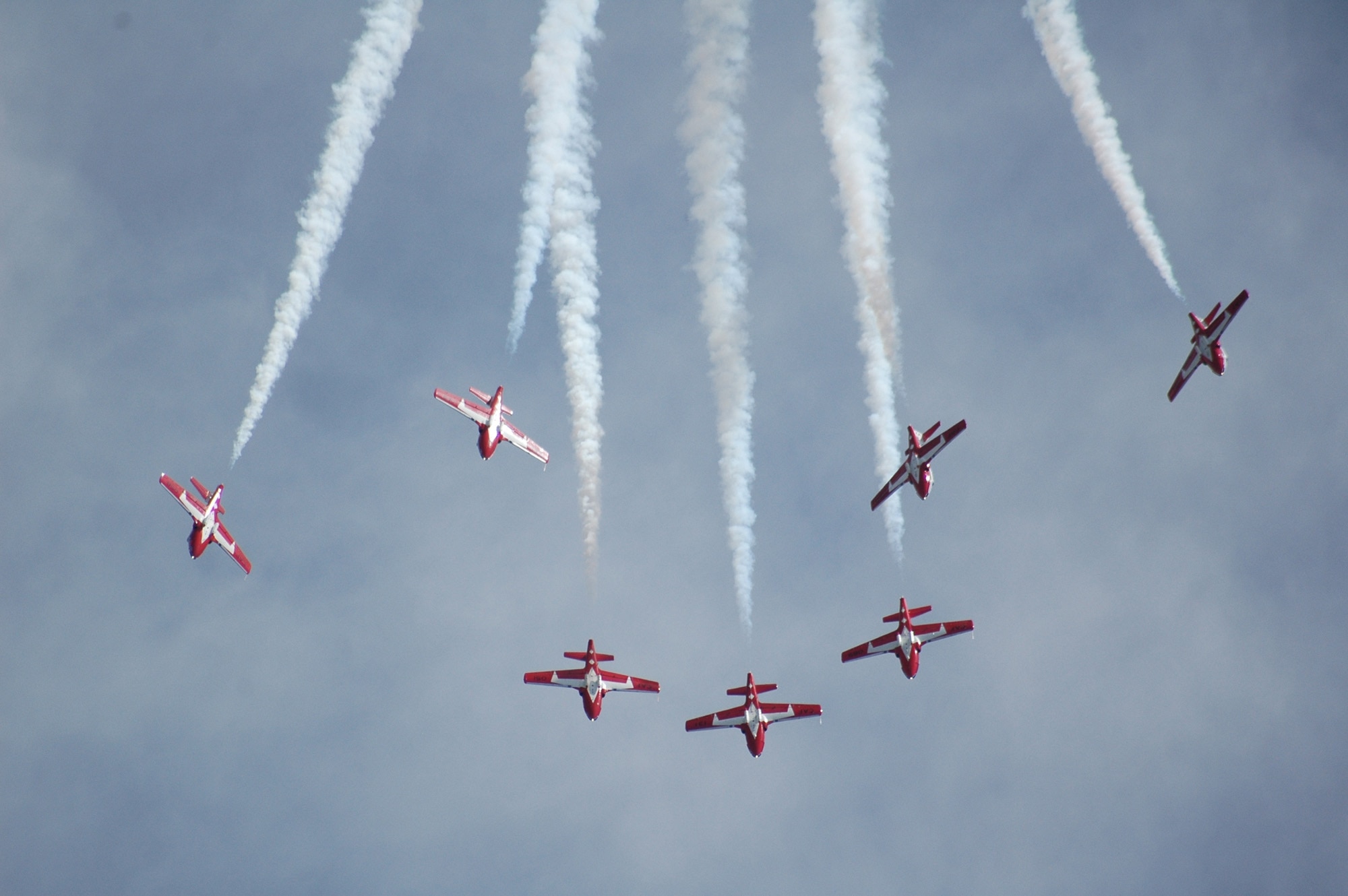 The Canadian Forces Snowbirds Aerial Demonstration Team perform over Malmstrom May 16 during a practice session prior to highlighting a two-day Air Show and Open House May 17 and 18. (U.S. Air Force photo/Airman 1st Class Emerald Ralston)