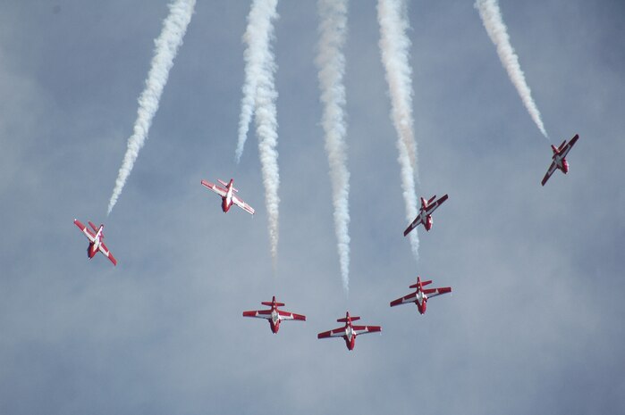 The Canadian Forces Snowbirds Aerial Demonstration Team perform over Malmstrom May 16 during a practice session prior to highlighting a two-day Air Show and Open House May 17 and 18. (U.S. Air Force photo/Airman 1st Class Emerald Ralston)