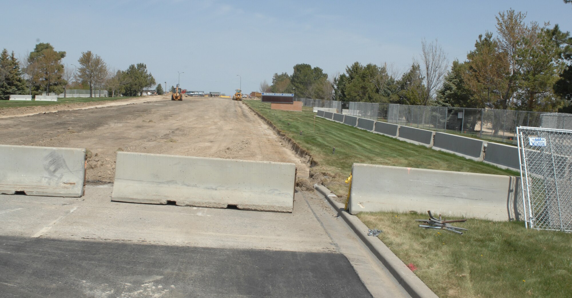 MOUNTAIN HOME AIR FORCE BASE, Idaho – Construction on the new main gate continues. The $5 million construction project, which will continue through February 2009, will consist of increasing the number of inbound and outbound lanes; building a new visitor's center and guard facility; installation of permanent popup barriers; new lighting and force protection-oriented landscaping. During the project, the final phase of resurfacing sections of Gunfighter Avenue between the main gate and the commissary will also be completed. (U.S. Air Force photo) 
