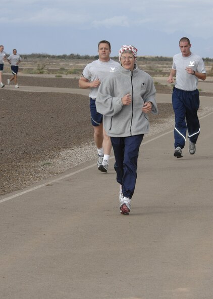 Holloman personnel participate in a fun run at the base fitness center on Holloman Air Force Base, N.M., May 16. The base fun runs are held the last Friday of every month. (U.S. Air Force photo/Airman 1st Class Rachel A. Kocin)